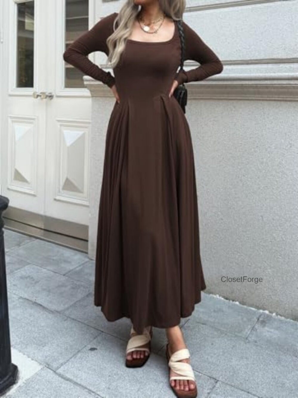 Women Long Sleeve Square Neck Maxi Pleated Dress with Pockets Fall Casual - Picture 2 of 6